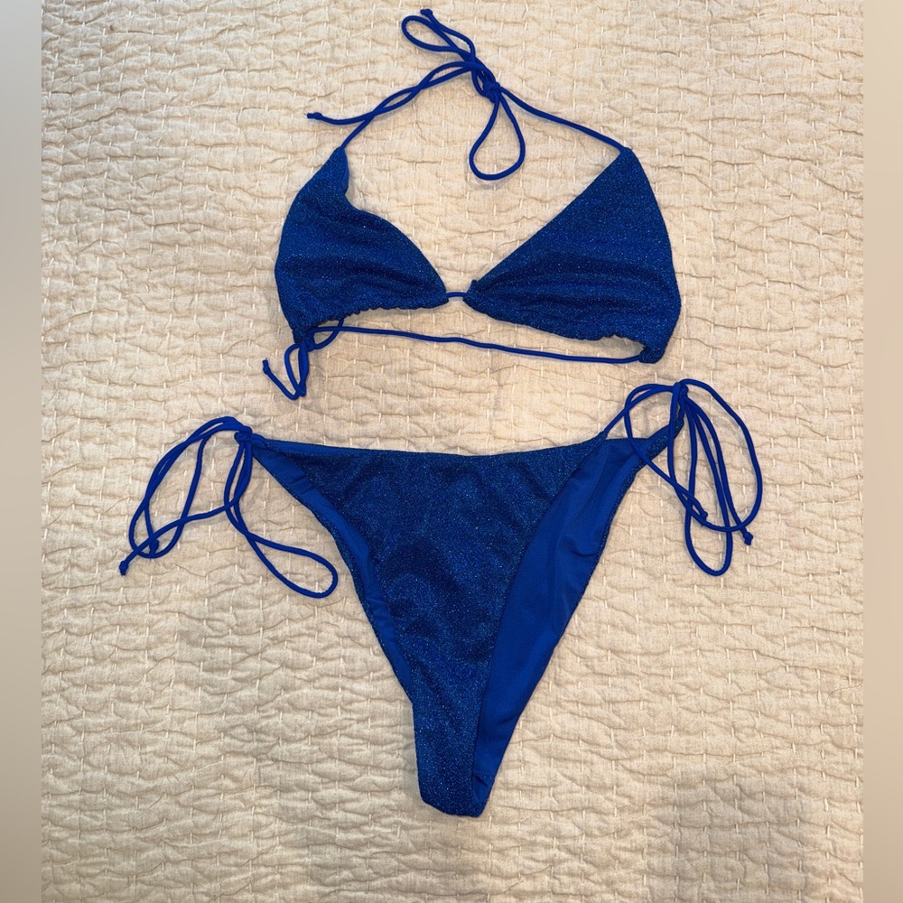 PLT bikini - blue cobalt glitter triangle top and side tie bottoms, size L